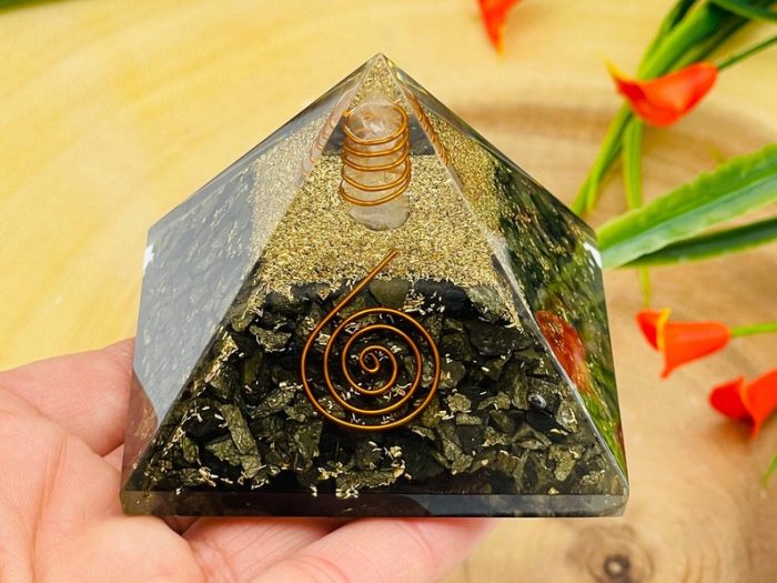 Golden Pyrite Orgone Pyramid with Reiki Sign & Clear Quartz Point | Fools Gold Pyrite Orgonite Pyramid | Reiki Chakra Pyramid | 3 inch