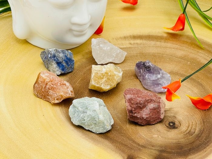 7 Chakra Stones Chunk Set With Velvet Pouch | Raw Chakra Stones | Chakra Healing Crystals | Therapy | Reiki | Spirituality