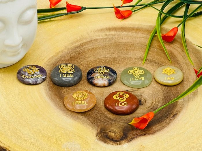 7 Chakra Round Palm Stone Set Engraved Affirmation Symbols With Velvet Pouch | Polished Stones | 7 Chakra Healing Reiki Chakra Gift Set