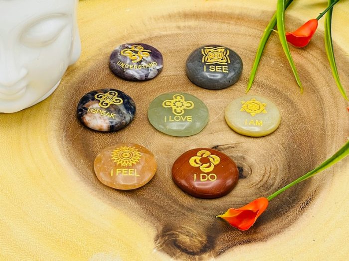 7 Chakra Round Palm Stone Set Engraved Affirmation Symbols With Velvet Pouch | Polished Stones | 7 Chakra Healing Reiki Chakra Gift Set