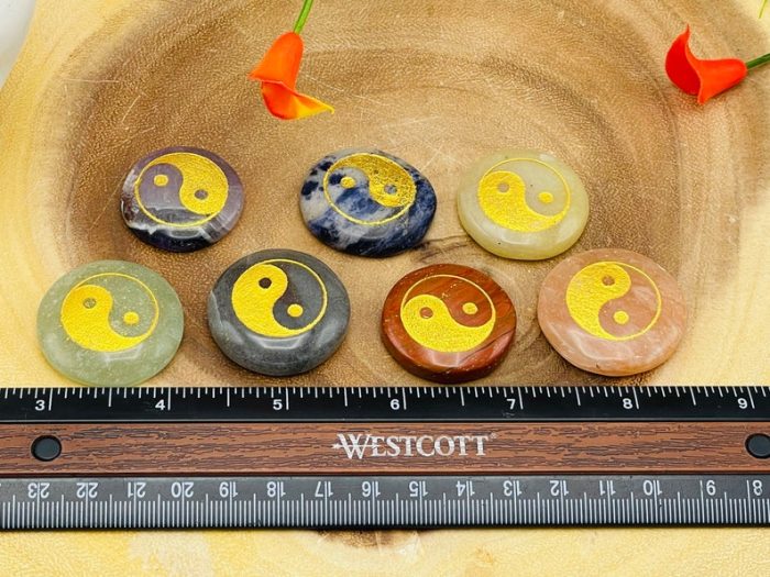 7 Chakra Round Palm Stone Set Engraved Ying Yang Symbols With Velvet Pouch | 7 Chakra Smooth Stones | 7 Chakra Healing Reiki Chakra Gift Set