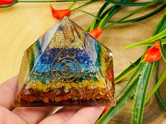 7 Chakra Chip Layered Orgone Pyramid With Reiki Symbol of Spiral & Clear Quartz Point | Chakra Healing Reiki Crystal | Orgonite Pyramid | 3"