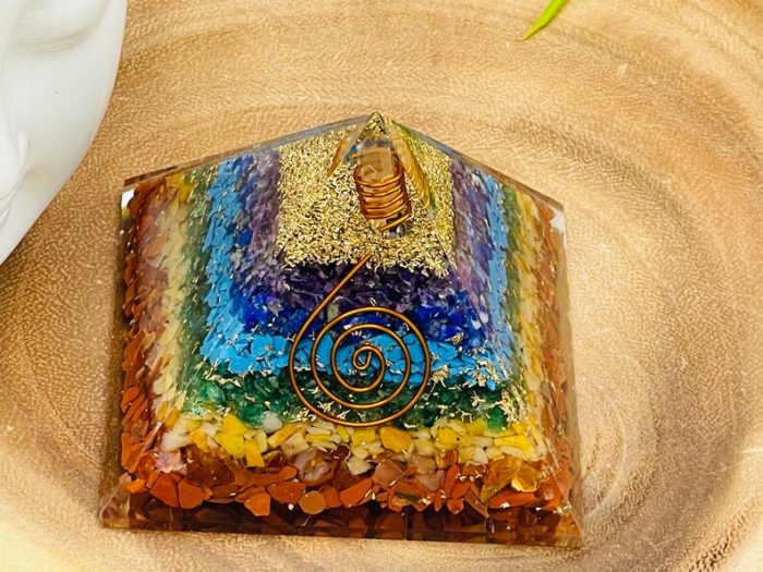 7 Chakra Chip Layered Orgone Pyramid With Reiki Symbol of Spiral & Clear Quartz Point | Chakra Healing Reiki Crystal | Orgonite Pyramid | 3"