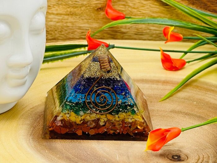 7 Chakra Chip Layered Orgone Pyramid With Reiki Symbol of Spiral & Clear Quartz Point | Chakra Healing Reiki Crystal | Orgonite Pyramid | 3"