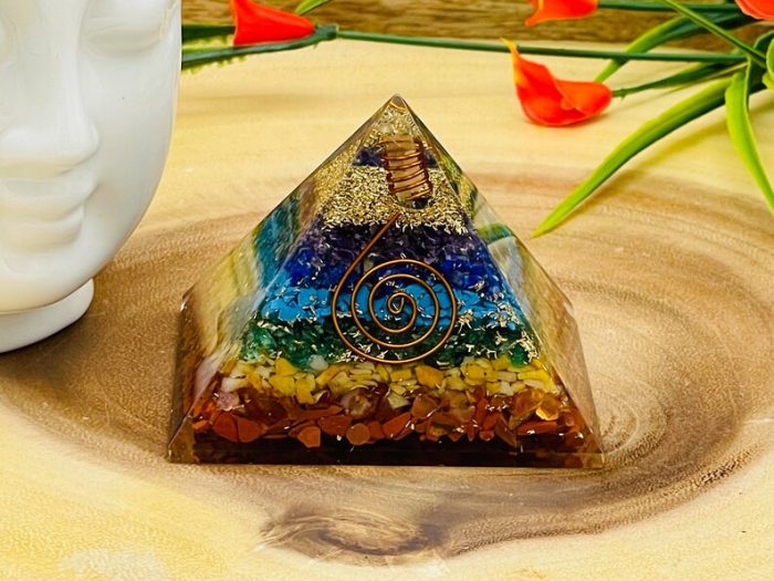 7 Chakra Chip Layered Orgone Pyramid With Reiki Symbol of Spiral & Clear Quartz Point | Chakra Healing Reiki Crystal | Orgonite Pyramid | 3"