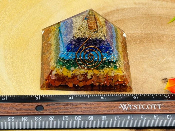 7 Chakra Chip Layered Orgone Pyramid With Reiki Symbol of Spiral & Clear Quartz Point | Chakra Healing Reiki Crystal | Orgonite Pyramid | 3"