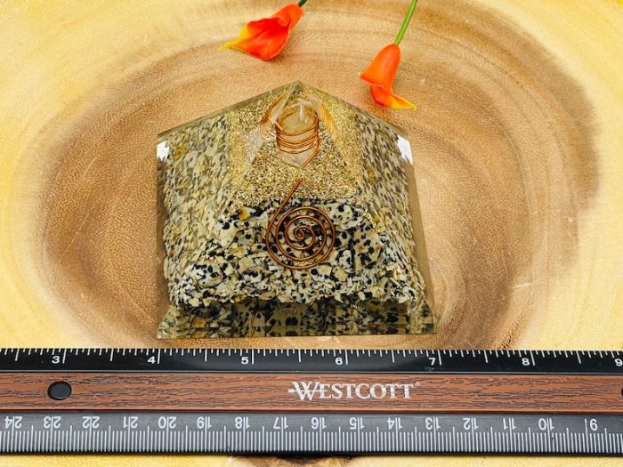 Dalmatian Jasper Orgone Pyramid with Reiki Sign & Clear Quartz Point | Dalmatian Jasper Orgonite Pyramid | Reiki Chakra Pyramid | 3 inch