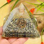Dalmatian Jasper Orgone Pyramid with Reiki Sign & Clear Quartz Point | Dalmatian Jasper Orgonite Pyramid | Reiki Chakra Pyramid | 3 inch