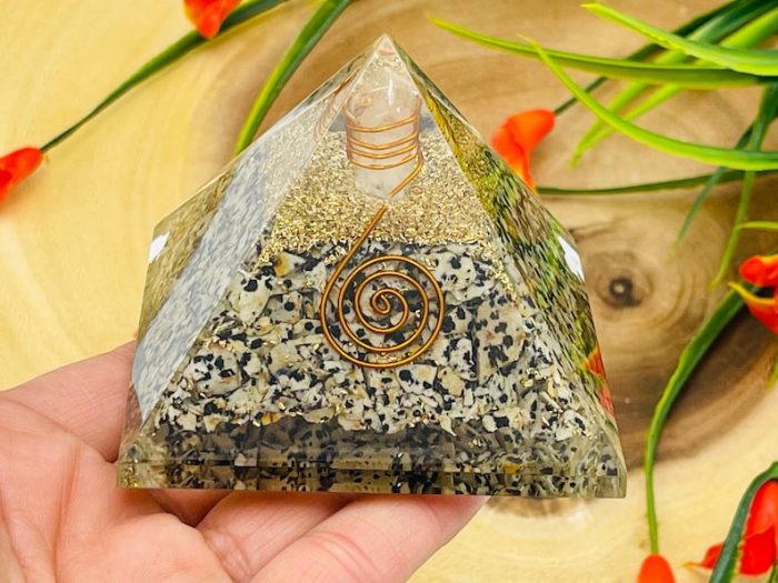 Dalmatian Jasper Orgone Pyramid with Reiki Sign & Clear Quartz Point | Dalmatian Jasper Orgonite Pyramid | Reiki Chakra Pyramid | 3 inch