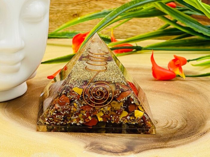 Mookaite Orgone Pyramid with Reiki Sign & Clear Quartz Point | Mookaite Orgonite Pyramid | Reiki Chakra Pyramid | 3 inch