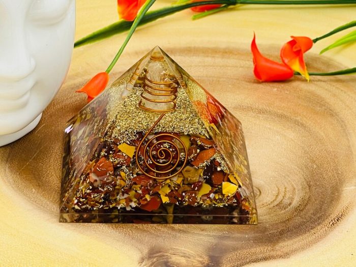 Mookaite Orgone Pyramid with Reiki Sign & Clear Quartz Point | Mookaite Orgonite Pyramid | Reiki Chakra Pyramid | 3 inch