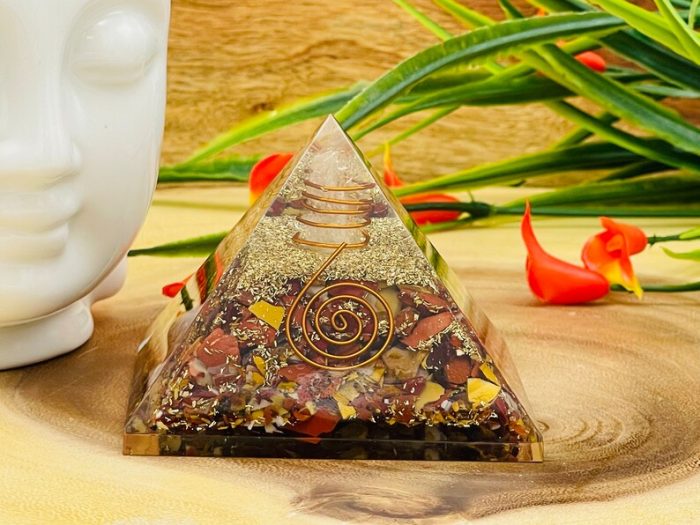 Mookaite Orgone Pyramid with Reiki Sign & Clear Quartz Point | Mookaite Orgonite Pyramid | Reiki Chakra Pyramid | 3 inch