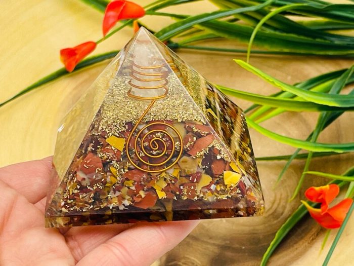 Mookaite Orgone Pyramid with Reiki Sign & Clear Quartz Point | Mookaite Orgonite Pyramid | Reiki Chakra Pyramid | 3 inch