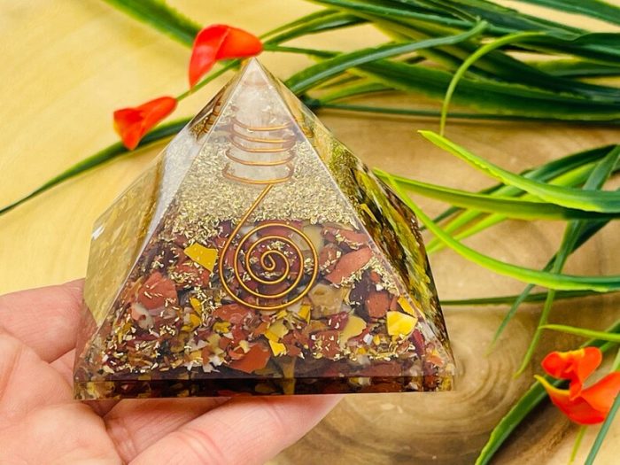 Mookaite Orgone Pyramid with Reiki Sign & Clear Quartz Point | Mookaite Orgonite Pyramid | Reiki Chakra Pyramid | 3 inch