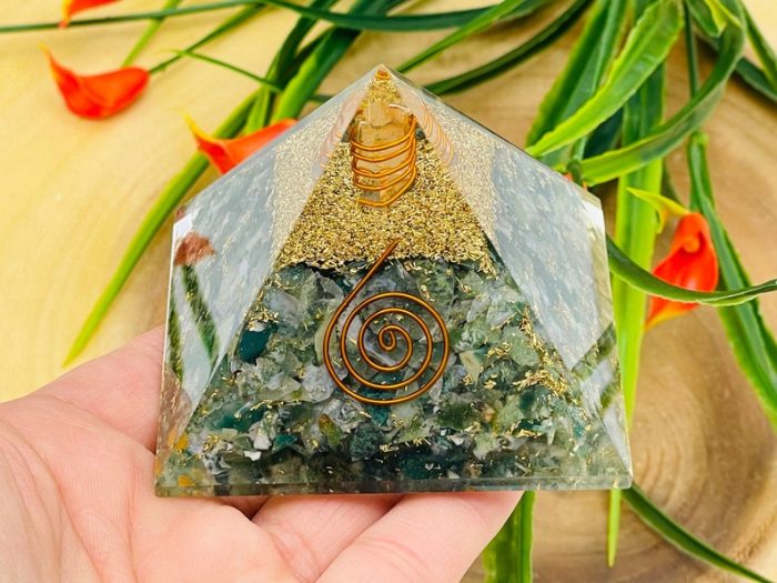 Moss Agate Orgone Pyramid with Reiki Sign & Clear Quartz Point | Moss Agate Orgonite Pyramid | Reiki Chakra Pyramid | 3 inch