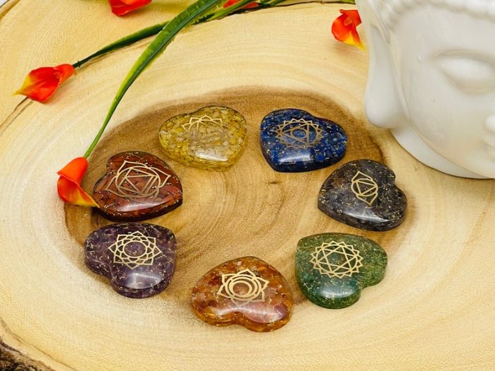 7 Chakra Orgone Smooth Heart Stone Set With Engraved Chakra Symbols | Chakra Healing Palm Crystal | Reiki Chakra | Chakra Pocket Stones