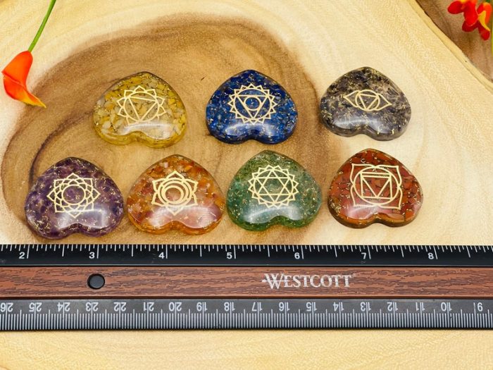 7 Chakra Orgone Smooth Heart Stone Set With Engraved Chakra Symbols | Chakra Healing Palm Crystal | Reiki Chakra | Chakra Pocket Stones