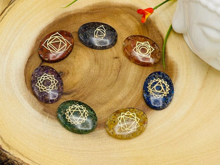 7 Chakra Oval Orgone Smooth Stone Set With Engraved Chakra Symbols | Chakra Healing Palm Crystal | Reiki Chakra | Chakra Pocket Stones