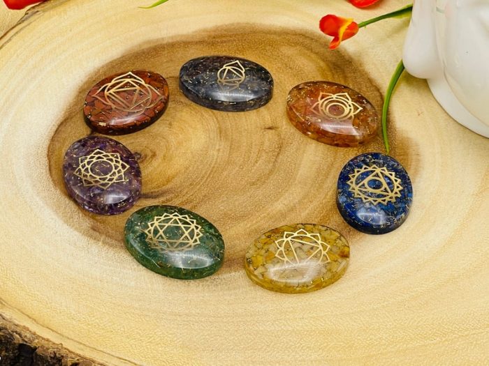 7 Chakra Oval Orgone Smooth Stone Set With Engraved Chakra Symbols | Chakra Healing Palm Crystal | Reiki Chakra | Chakra Pocket Stones