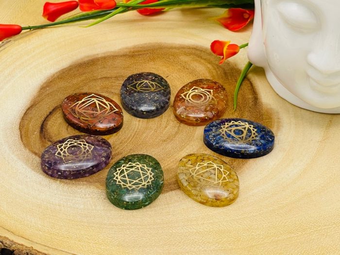 7 Chakra Oval Orgone Smooth Stone Set With Engraved Chakra Symbols | Chakra Healing Palm Crystal | Reiki Chakra | Chakra Pocket Stones