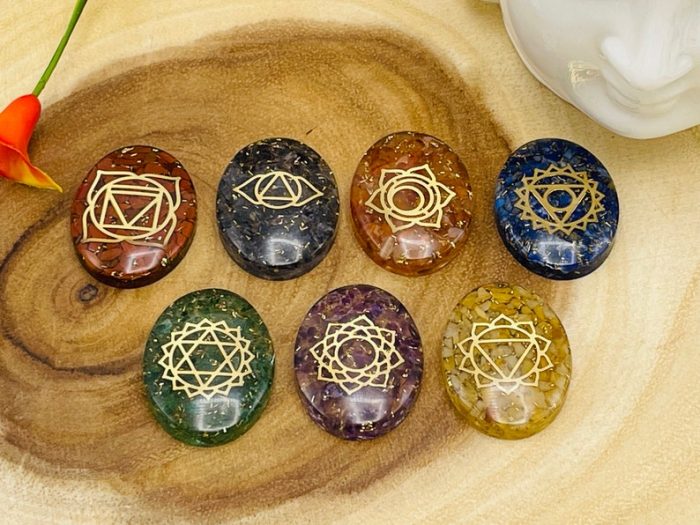 7 Chakra Oval Orgone Smooth Stone Set With Engraved Chakra Symbols | Chakra Healing Palm Crystal | Reiki Chakra | Chakra Pocket Stones