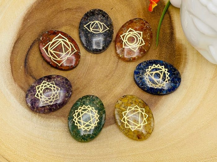 7 Chakra Oval Orgone Smooth Stone Set With Engraved Chakra Symbols | Chakra Healing Palm Crystal | Reiki Chakra | Chakra Pocket Stones