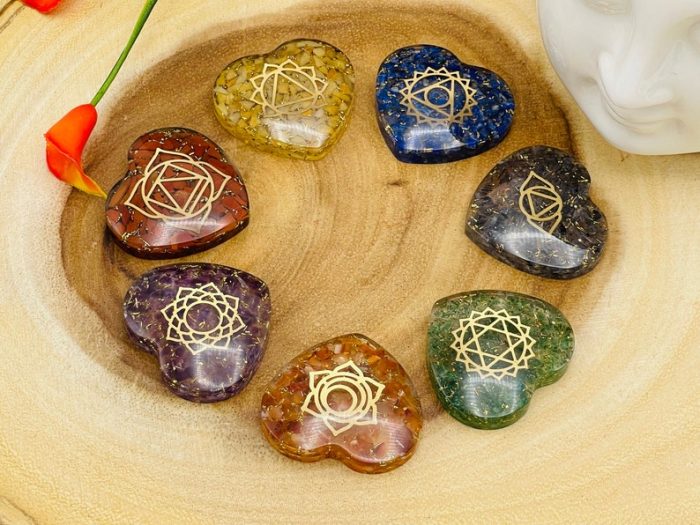 7 Chakra Orgone Smooth Heart Stone Set With Engraved Chakra Symbols | Chakra Healing Palm Crystal | Reiki Chakra | Chakra Pocket Stones