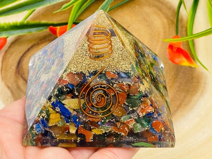 7 Chakra Mix Chip Orgone Pyramid With Reiki Symbol of Spiral & Clear Quartz Point | Chakra Healing Reiki Crystal | Orgonite Pyramid | 3"