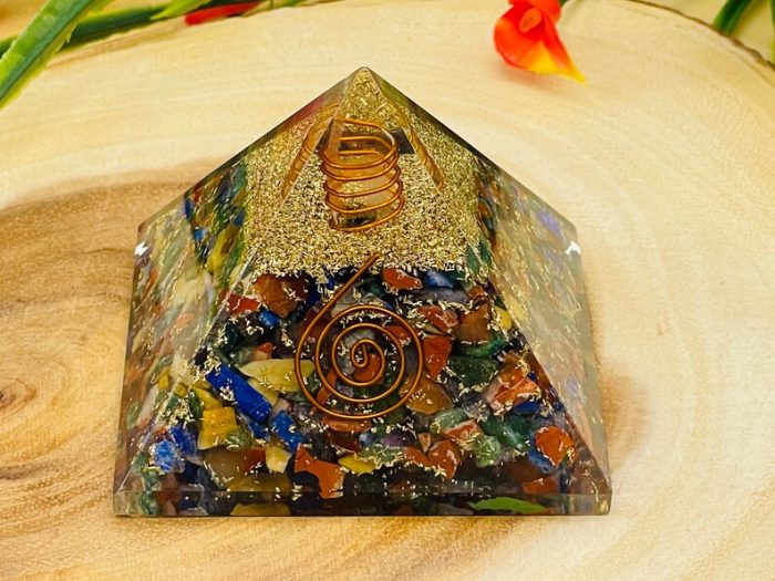 7 Chakra Mix Chip Orgone Pyramid With Reiki Symbol of Spiral & Clear Quartz Point | Chakra Healing Reiki Crystal | Orgonite Pyramid | 3"