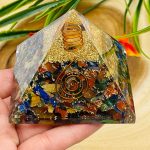 7 Chakra Mix Chip Orgone Pyramid With Reiki Symbol of Spiral & Clear Quartz Point | Chakra Healing Reiki Crystal | Orgonite Pyramid | 3"