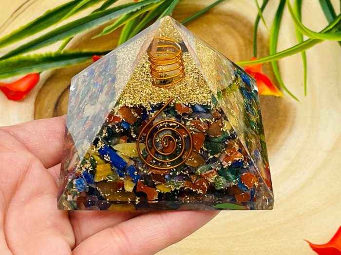 7 Chakra Mix Chip Orgone Pyramid With Reiki Symbol of Spiral & Clear Quartz Point | Chakra Healing Reiki Crystal | Orgonite Pyramid | 3"