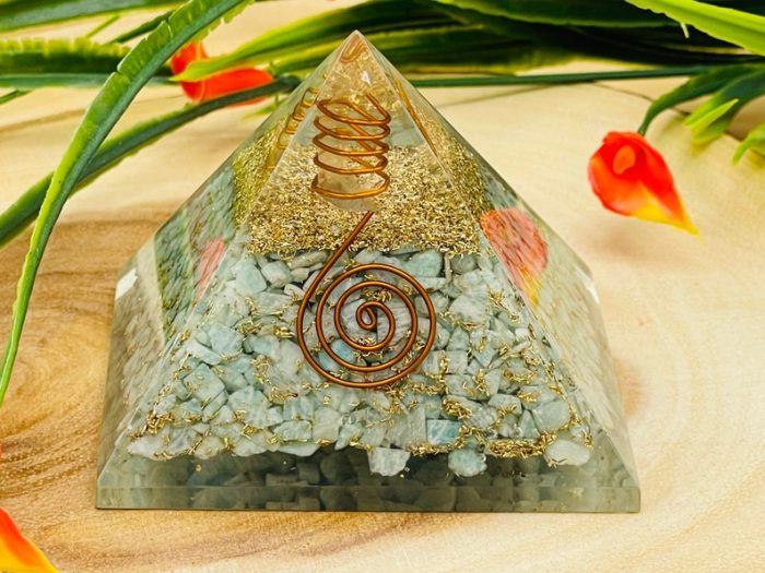 Amazonite Orgone Pyramid with Reiki Sign & Clear Quartz Point | Amazonite Orgonite Pyramid | Reiki Chakra Pyramid | 3 inch