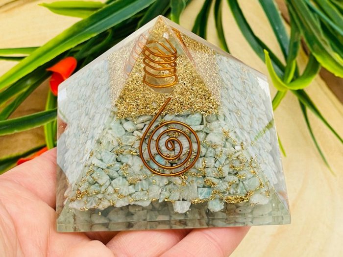 Amazonite Orgone Pyramid with Reiki Sign & Clear Quartz Point | Amazonite Orgonite Pyramid | Reiki Chakra Pyramid | 3 inch