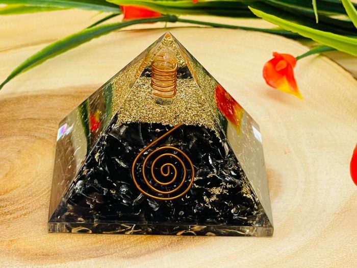 Black Obsidian Orgone Pyramid with Reiki Sign & Clear Quartz Point | Black Obsidian Orgonite Pyramid | Reiki Chakra Pyramid | 3 inch