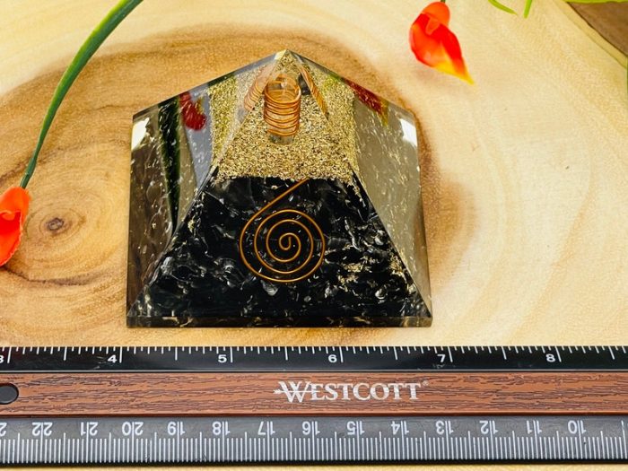 Black Obsidian Orgone Pyramid with Reiki Sign & Clear Quartz Point | Black Obsidian Orgonite Pyramid | Reiki Chakra Pyramid | 3 inch