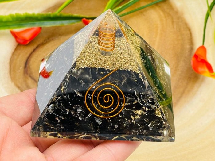 Black Obsidian Orgone Pyramid with Reiki Sign & Clear Quartz Point | Black Obsidian Orgonite Pyramid | Reiki Chakra Pyramid | 3 inch