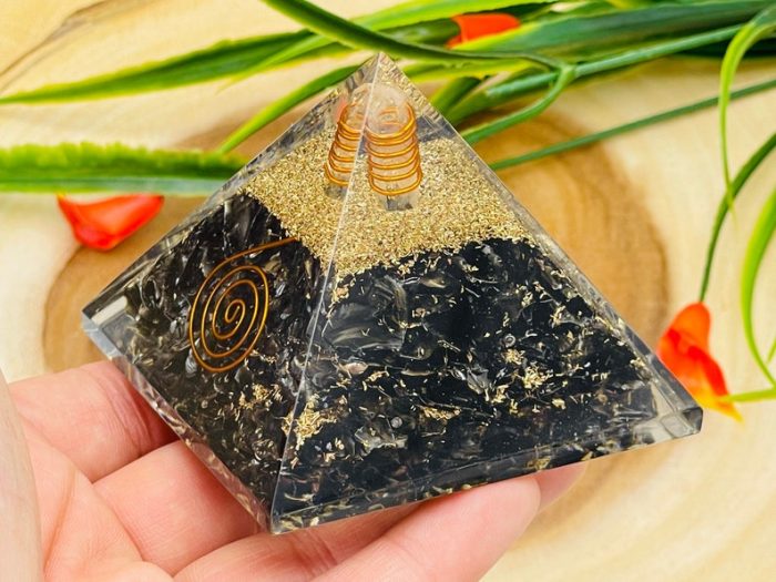 Black Obsidian Orgone Pyramid with Reiki Sign & Clear Quartz Point | Black Obsidian Orgonite Pyramid | Reiki Chakra Pyramid | 3 inch