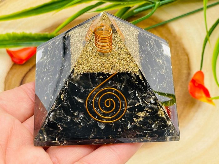 Black Obsidian Orgone Pyramid with Reiki Sign & Clear Quartz Point | Black Obsidian Orgonite Pyramid | Reiki Chakra Pyramid | 3 inch