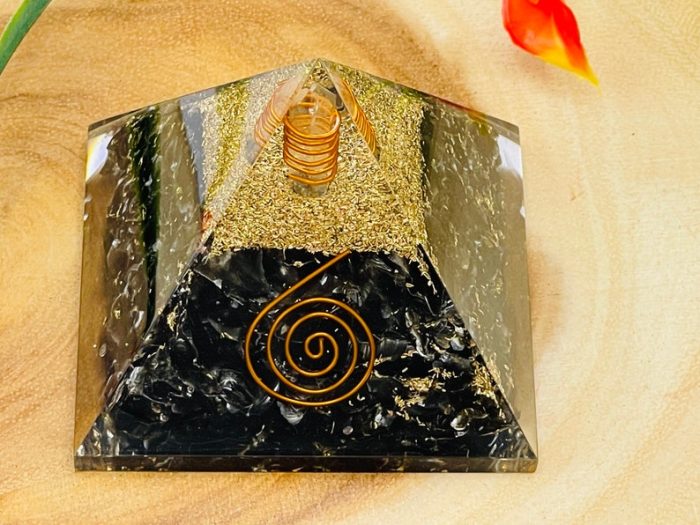 Black Obsidian Orgone Pyramid with Reiki Sign & Clear Quartz Point | Black Obsidian Orgonite Pyramid | Reiki Chakra Pyramid | 3 inch