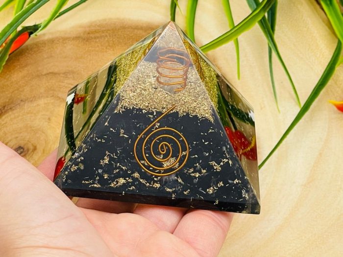 Black Tourmaline Orgone Pyramid with Reiki Sign & Clear Quartz Point | Black Tourmaline Orgonite Pyramid | Reiki Chakra Pyramid | 3 inch