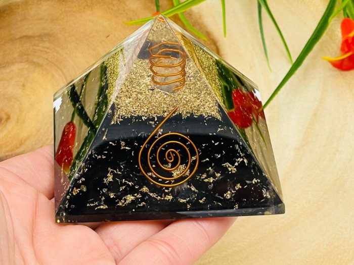 Black Tourmaline Orgone Pyramid with Reiki Sign & Clear Quartz Point | Black Tourmaline Orgonite Pyramid | Reiki Chakra Pyramid | 3 inch