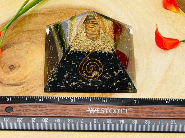 Black Tourmaline Orgone Pyramid with Reiki Sign & Clear Quartz Point | Black Tourmaline Orgonite Pyramid | Reiki Chakra Pyramid | 3 inch