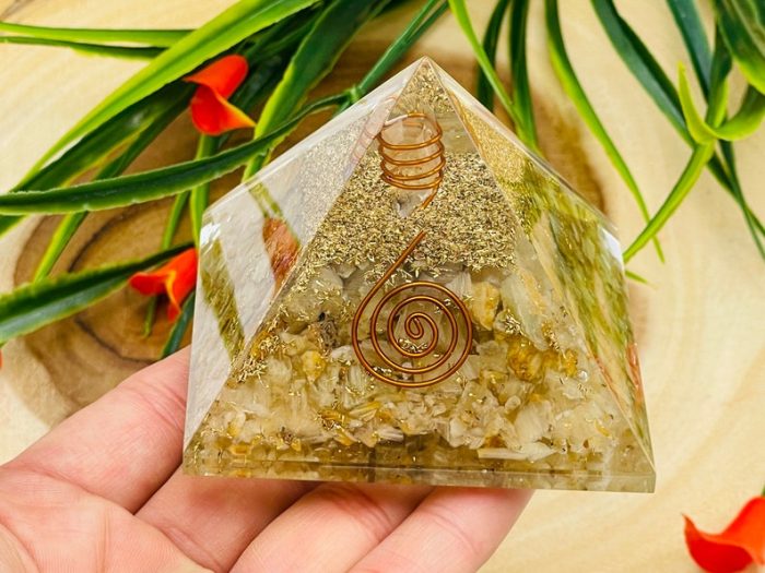 Cat Eye's Orgone Pyramid with Reiki Sign & Clear Quartz Point | Cat Eye's Orgonite Pyramid | Reiki Chakra Pyramid | 3 inch