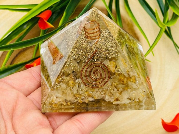 Cat Eye's Orgone Pyramid with Reiki Sign & Clear Quartz Point | Cat Eye's Orgonite Pyramid | Reiki Chakra Pyramid | 3 inch