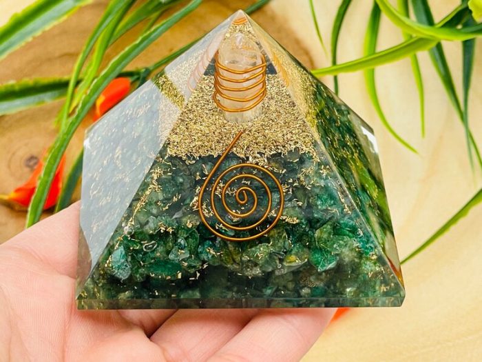 Green Aventurine Orgone Pyramid with Reiki Sign & Clear Quartz Point | Green Aventurine Orgonite Pyramid | Reiki Chakra Pyramid | 3 inch