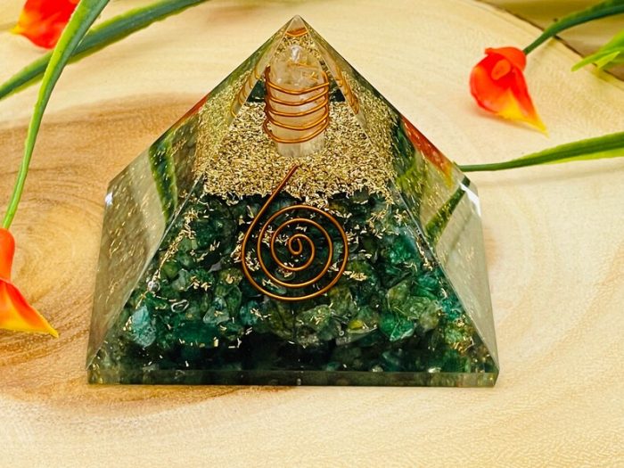 Green Aventurine Orgone Pyramid with Reiki Sign & Clear Quartz Point | Green Aventurine Orgonite Pyramid | Reiki Chakra Pyramid | 3 inch