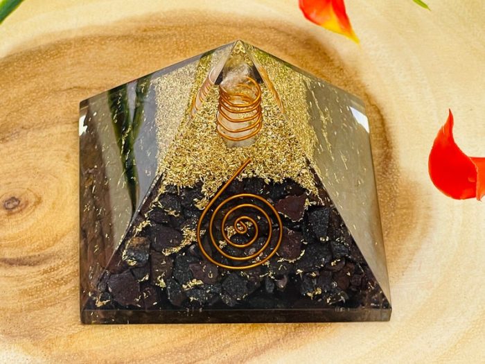 Hematite Orgone Pyramid with Reiki Sign & Clear Quartz Point | Hematite Orgonite Pyramid | Reiki Chakra Pyramid | 3 inch