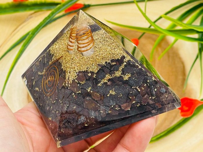 Hematite Orgone Pyramid with Reiki Sign & Clear Quartz Point | Hematite Orgonite Pyramid | Reiki Chakra Pyramid | 3 inch