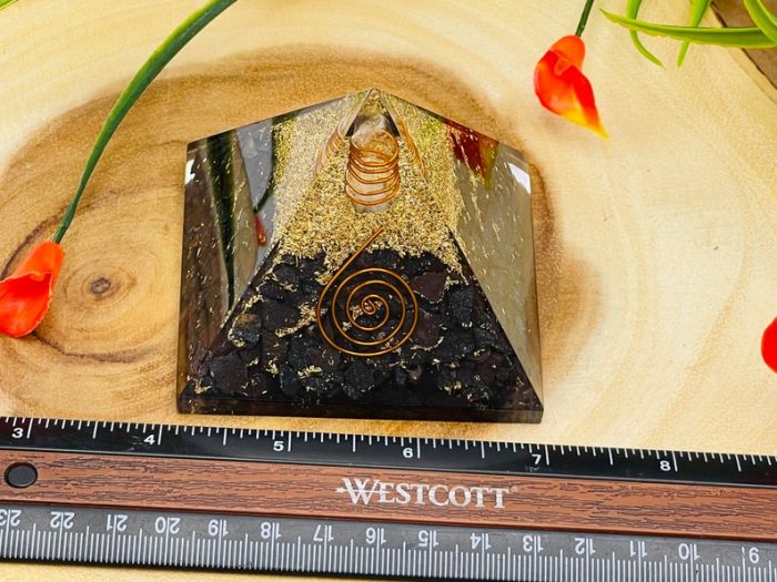 Hematite Orgone Pyramid with Reiki Sign & Clear Quartz Point | Hematite Orgonite Pyramid | Reiki Chakra Pyramid | 3 inch