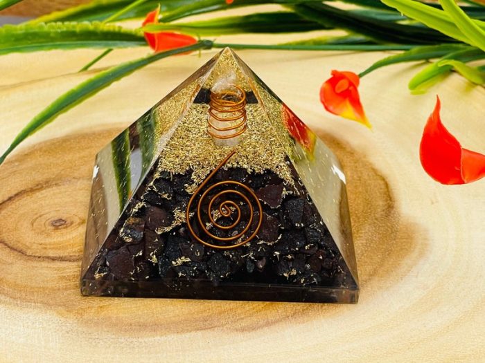 Hematite Orgone Pyramid with Reiki Sign & Clear Quartz Point | Hematite Orgonite Pyramid | Reiki Chakra Pyramid | 3 inch